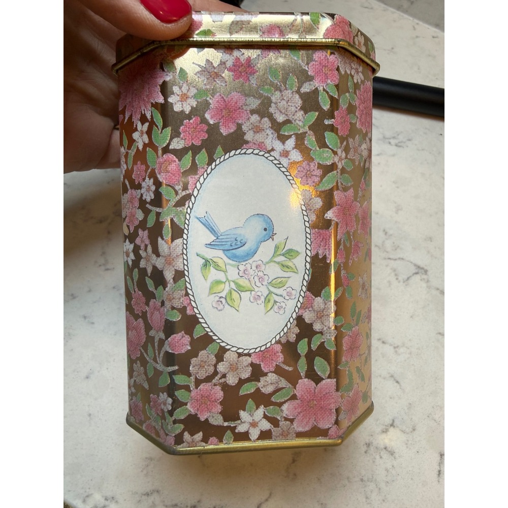 Vintage Meister Brazil Octagonal Tin Blue‎ Bird Floral Gold Decorative Canister